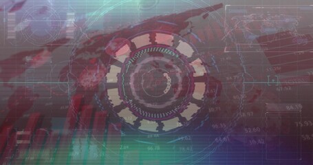 Displaying central circular HUD projecting data overlays in control panel, with world map overlay