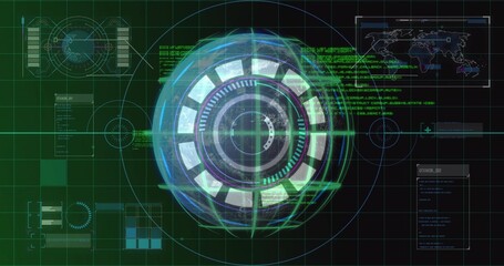 Projecting holographic orb rotating rings on console, with grid overlays, world map and data panels