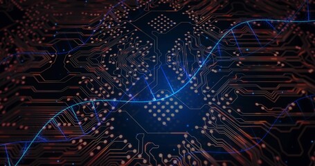 Displaying printed circuit board in digital graphic, with blue waveform tracing copper pathways