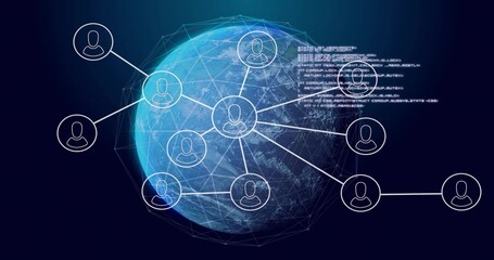 Naklejka premium Displaying 3D globe rotating in cyberspace, with mesh overlay linking avatar icons and code snippet