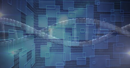 Ice-covered network cable stretching in digital scene, with cascading binary digits and blue panels