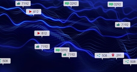 Hovering speech bubbles for likes, comments, views, shares, check-ins on dashboard, with blue waves