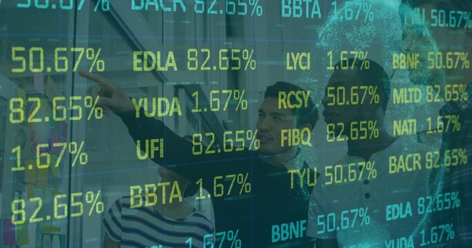 Analytics team analyzing financial percentages on transparent screen in office, sticky notes, codes