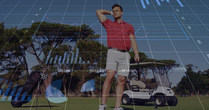 Shielding eyes golfer holding club on fairway wearing red polo, with golf bag, cart, chart overlay