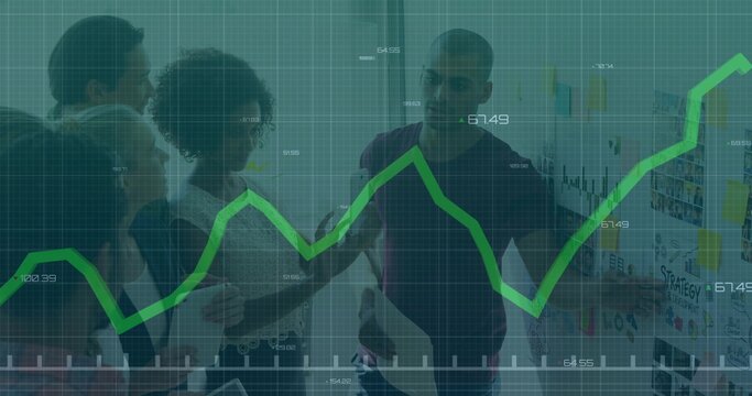 Collaborating team reviewing charts at office meeting with sticky notes and green trend overlay - Powered by Adobe