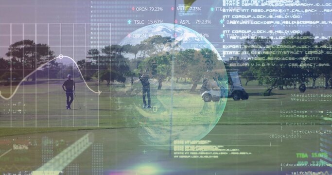Playing golfers swinging clubs on fairway, with golf cart, line graph grid, globe and code snippets