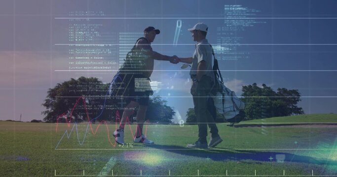 Shaking hands two golf partners in golf attire on fairway, with golf bags, code overlay - Powered by Adobe
