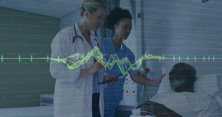 Doctor in lab coat, nurse in scrubs consulting patient at bedside, with tablet, vital-sign overlays