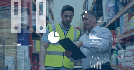 Two men wearing safety vest and shirt reviewing clipboard in warehouse aisle with data overlays