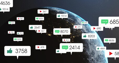 Naklejka premium Displaying Earth globe glowing in space, with floating thumbs-up, comment bubbles, play icons