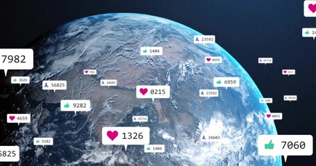 Naklejka premium Showing planet Earth rotating in outer space, surrounded by social-media notification bubbles