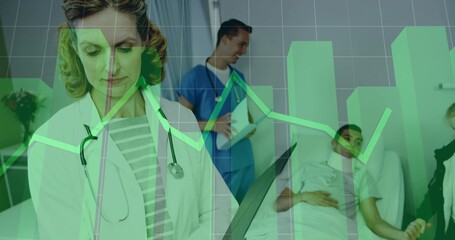 Examining female doctor studying tablet in hospital room, with chart overlay, copy space