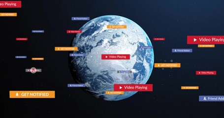 Fototapeta premium Floating Earth in space, with red playback, orange GET NOTIFIED, blue Friend Added banners, reticle