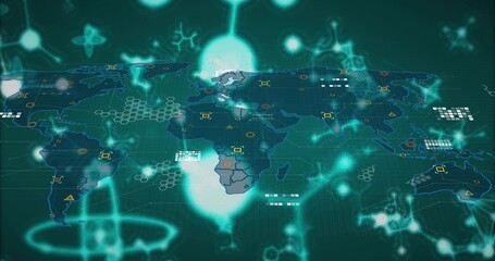 Displaying world map glowing molecular icons at command center, with hexagonal network overlays