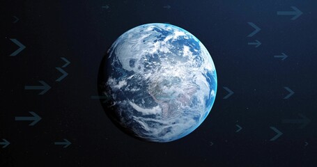 Fototapeta premium Rotating Planet Earth drifting in outer space, with transparent arrow icons indicating direction