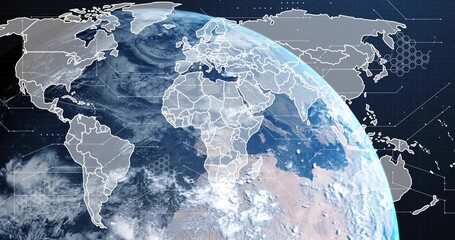 Fototapeta premium Displaying stylized Earth globe rotating in outer space, with border overlays and data nodes