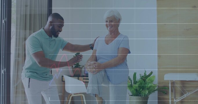 Trainer supporting client balancing leg in wellness space, with grid overlay and colored line graph - Powered by Adobe