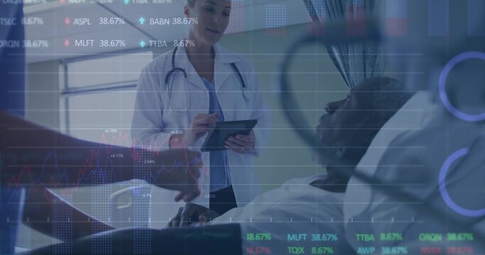 Doctor in lab coat reviewing patient data on tablet at hospital bedside, with financial overlay - Powered by Adobe