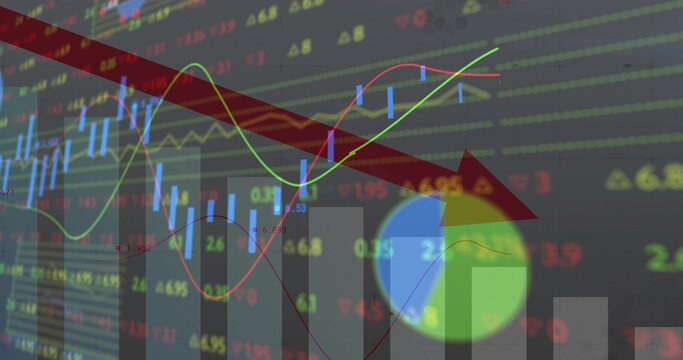 Displaying numeric chart in trading interface, with candlestick, bar, line, pie and arrow elements