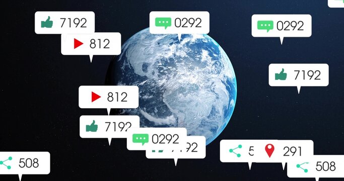Rotating Earth showing social media notification bubbles in space, featuring engagement counts