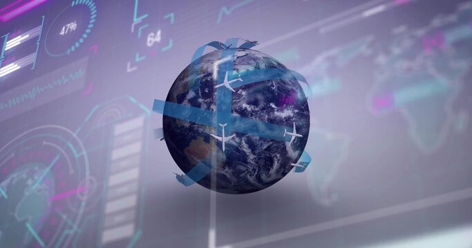 Fototapeta 3D Earth globe rotating in dashboard, with flight-path ribbons, airplane icons and holographic UI