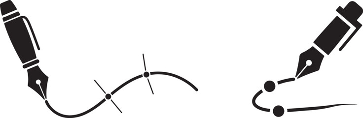 Fountain Pen Drawing Curved Paths with Anchor Points Vector Icons