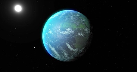 Orbiting spherical planet Earth displaying clouds in outer space, with bright sun and distant stars