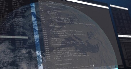 Displaying code editor showing JavaScript code over globe on computer monitor, with dark interface