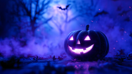 Glowing jack-o'-lantern with purple light in an eerie forest setting, misty ground, and flying bat. Perfect for Halloween ads, party invites, and spooky seasonal promotions.