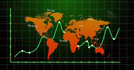 Obraz premium Displaying orange world map on dashboard over green grid with neon graph markers and numeric labels
