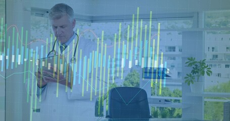 Doctor wearing lab coat holding tablet and reviewing chart overlay in clinic, with stethoscope