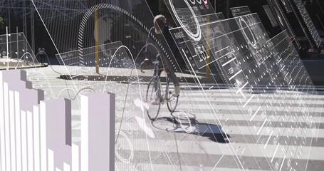 Riding man in dark jacket and backpack crossing zebra at urban plaza, with bicycle, data overlays