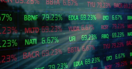 Displaying ticker board at exchange with stock symbols and percentages, grid lines, light streaks