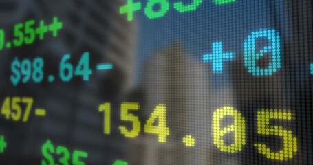 Displaying LED ticker streaming dollar sign plus minus symbols and pixel grid in financial district