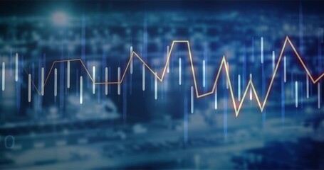 Displaying glowing line graph and vertical data bars over nighttime urban skyline, data overlay