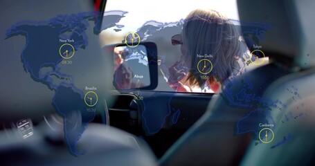Two friends driving in car, with passenger wearing floral jacket, world map overlay and clock icons