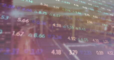 Displaying stock data overlay over blurred urban street, showing digital numbers and colored arrows