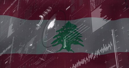 Naklejka premium Displaying Lebanese flag with cedar emblem stretching across dashboard, with line and bar charts