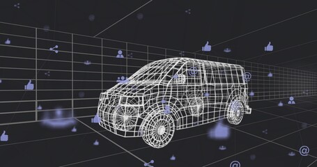 Displaying white wireframe van model over grid lines in 3D space, with floating social media icons