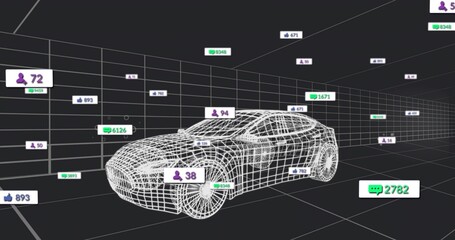 Obraz premium Showcasing 3D wireframe sports car model in grid environment, with floating social metric tags