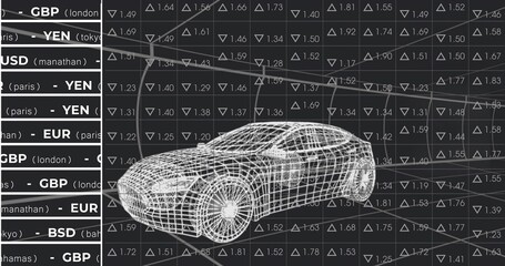 Obraz premium Displaying 3D wireframe sports car model over trading dashboard with currency rate grid, copy space
