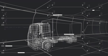 Rotating wireframe cargo truck model in CAD workspace with grid lines and numeric tags