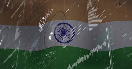 Naklejka premium Displaying Indian flag waving over analytics backdrop, with data visualizations and HUD markers