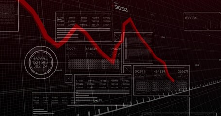 Displaying downward-trending red line graph over dark grid, with data panels and circular gauge © vectorfusionart