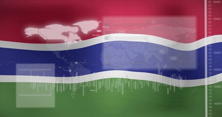Naklejka premium Flowing Gambia flag stripes streaming across screen, with map and Norway Germany Uruguay labels