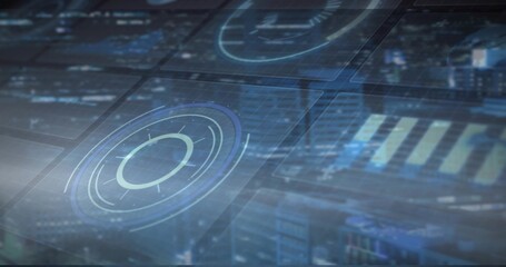 Displaying holographic interface above skyline at night, showing circular indicators and bar charts