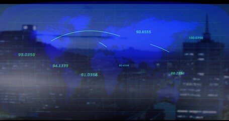 Projecting map grid with data markers and glowing arcs over rooftop at night, building silhouettes