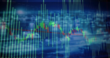 Displaying data visualization on screen, with green bars, red-and-green line and grid overlay