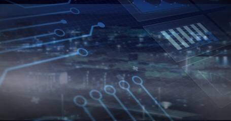 Displaying circuit overlay over night city skyline with blue traces, bar charts and node markers