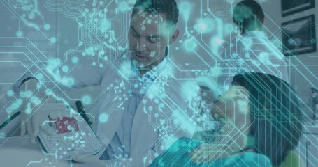 Leaning white-coated dentist examining patient teeth in modern clinic, with circuit-board overlay